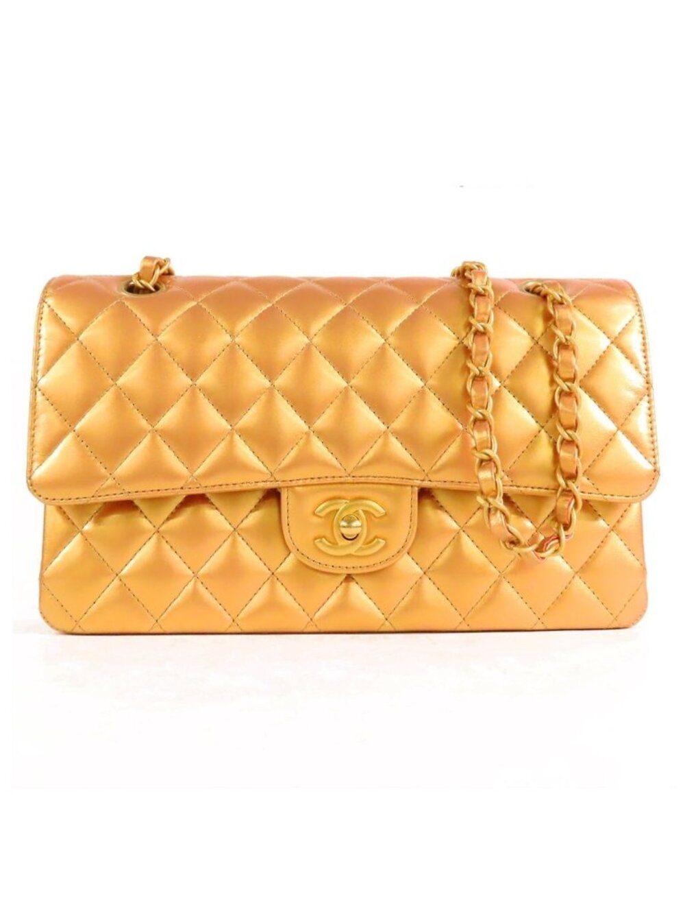 Chanel Classic Metallic Gold Leather Quilted 25 Double Flap Chain Shoulder Bag